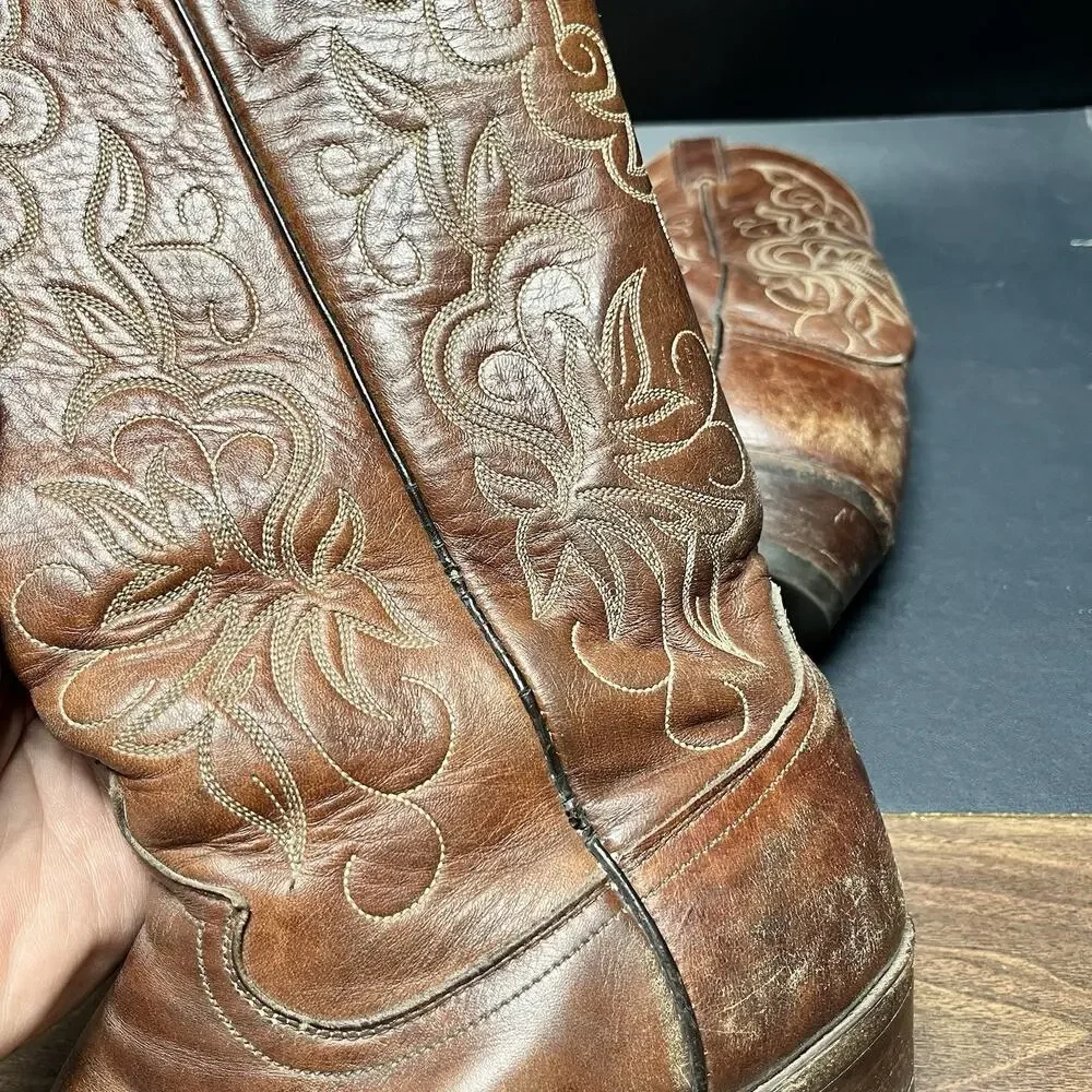 Vtg Justin Boots Cowboy Embroidered Boots Men’s Size 12 A, Style 2555 Brown